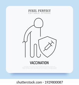 Coronavirus vaccination. Virus protection: elderly man is protected by shield with vaccine. Immune system, antibiotics. Thin line icon. Pixel perfect, editable stroke. Vector illustration.