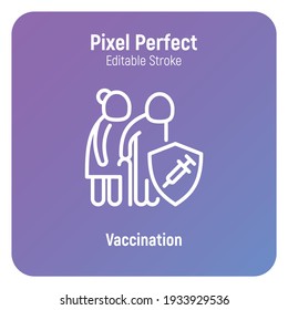 Coronavirus vaccination. Virus protection: elderly woman and elderly man are protected by shield with vaccine. Immune system. Thin line icon. Pixel perfect, editable stroke. Vector illustration.