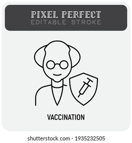 Coronavirus vaccination. Virus protection: elderly man is protected by shield with vaccine. Immune system, antibiotics. Thin line icon. Pixel perfect, editable stroke. Vector illustration.