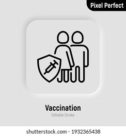 Coronavirus vaccination. Virus protection: family is protected by shield with vaccine. Immune system. Thin line icon. Pixel perfect, editable stroke. Vector illustration.