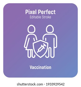 Coronavirus vaccination. Virus protection: family is protected by shield with vaccine. Immune system. Thin line icon. Pixel perfect, editable stroke. Vector illustration.