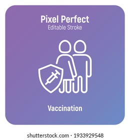 Coronavirus vaccination. Virus protection: family is protected by shield with vaccine. Immune system. Thin line icon. Pixel perfect, editable stroke. Vector illustration.