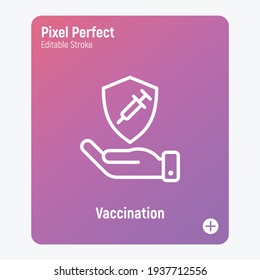 Coronavirus vaccination. Virus protection: human hand is holding shield with syringe. Immune system. Thin line icon. Pixel perfect, editable stroke. vector illustration.