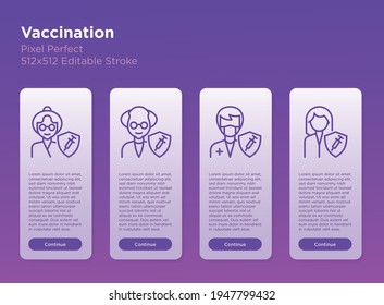 Coronavirus vaccination. Virus protection: man, woman, elderly man, elderly woman, doctor are protected by shield with vaccine. Thin line icon. Pixel perfect, editable stroke. Vector illustration.