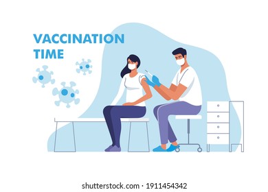 Coronavirus vaccination. Woman in face mask getting vaccinated against Covid-19 in hospital. Doctor giving Corona virus vaccine injection injecting patient. Vector illustration.