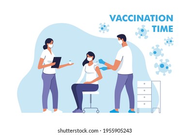 Coronavirus vaccination. Woman in face mask getting vaccinated against Covid-19 in hospital. Doctor giving Corona virus vaccine injection injecting patient. Vector illustration.