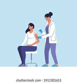 Coronavirus vaccination. Woman getting vaccinated against Covid-19 in hospital. Doctor giving Corona virus vaccine injection injecting patient. Vector illustration.