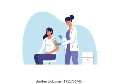 Coronavirus vaccination. Woman getting vaccinated against Covid-19 in hospital. Doctor injecting a patient, getting first shot of covid vaccine in arm muscle. Vector illustration.