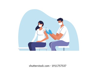 Coronavirus vaccination. Woman getting vaccinated against Covid-19 in hospital. Doctor injecting a patient, getting first shot of covid vaccine in arm muscle. Vector illustration.
