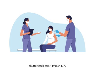 Coronavirus vaccination. Woman getting vaccinated against Covid-19 in hospital. Doctor giving Corona virus vaccine injection injecting patient. Vector illustration.