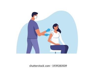 Coronavirus vaccination. Woman getting vaccinated against Covid-19 in hospital. Doctor giving Corona virus vaccine injection injecting patient. Vector illustration.