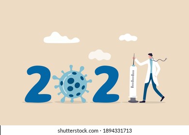 Coronavirus vaccination in year 2021, year of COVID-19 successfully developed concept, doctor or medical staff stand with vaccine syringe and virus pathogen combine to be year number 2021.