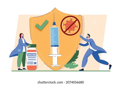 Coronavirus vaccination.Tiny people doctors and syringe with vaccine and shield. Vaccination program, disease immunization vaccine, medical health protection concept. Vector isolated illustration