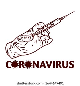 Coronavirus. Vaccine for coronavirus 2019-nCoV. Medical injection and coronavirus. Syringe with vaccine on white background isolated. Stock Vector Illustration. Hand Drawn.