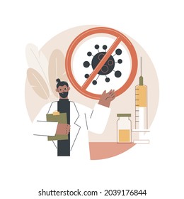 Ilustración vectorial de concepto abstracto de la vacuna de coronavirus. Rastreador de noticias, vacuna de búsqueda y prueba, programa de vacunación de coronavirus, equipo de laboratorio médico, metáfora abstracta de investigación científica.