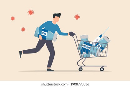 Coronavirus vaccine affordability. People want to buy coronavirus vaccine to protect from covid19 virus. Shopping cart with COVID-19 vaccine bottle and syringe.