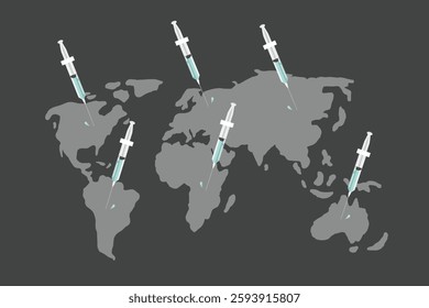 Coronavirus vaccine background Covid 19 vaccine treatment drug immunization and therapy injections, medicine, vaccine World map background Vaccine syringes around the world for all the continents