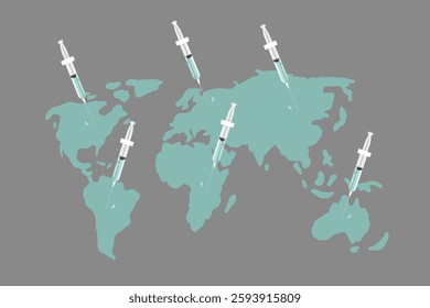 Coronavirus vaccine background Covid 19 vaccine treatment drug immunization and therapy injections, medicine, vaccine World map background Vaccine syringes around the world for all the continents