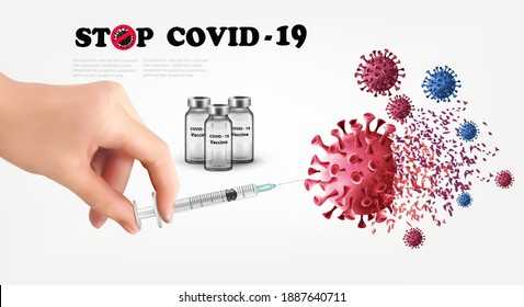 Coronavirus Vaccine Background. Covid-19 Corona Virus Vaccination With Syringe Injection Tool For Covid19 Immunization Treatment. Stop Coranavirus Concept. Vector