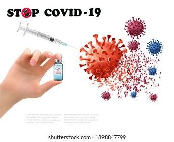 Coronavirus Vaccine Background. Hand Holding Bottle With Vaccine Destroying Virus COVID - 19 Molecule. Stop Coranavirus Concept. Vector