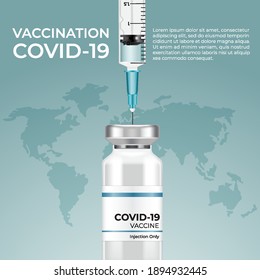 Coronavirus Vaccine Banner Design : Covid-19 corona virus vaccination with vaccine bottle and syringe injection : Vector Illustration