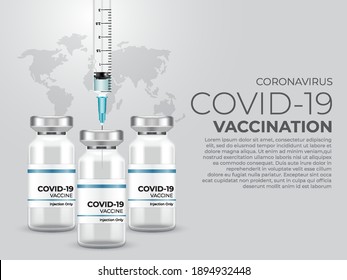 Coronavirus Vaccine Banner Design : Covid-19 corona virus vaccination with vaccine bottle and syringe injection : Vector Illustration