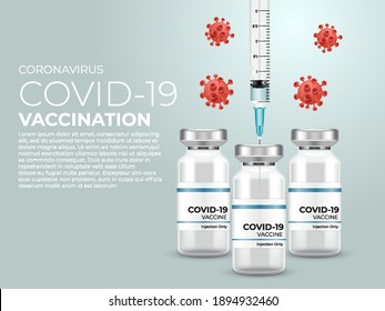 Coronavirus Vaccine Banner Design: Covid-19 Korona-Virus-Impfung mit Impfstoffflasche und Spritze: Vektorgrafik