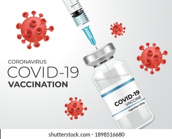 Coronavirus Vaccine Banner Design : Covid-19 corona virus vaccination with vaccine bottle and syringe injection : Vector Illustration
