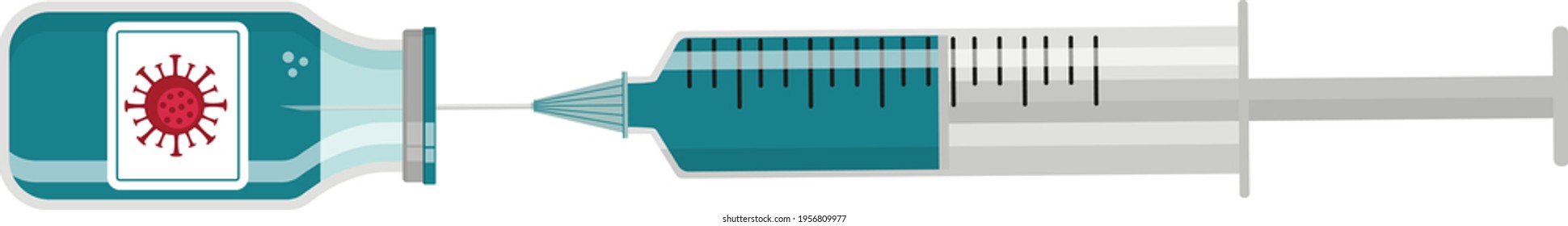 Coronavirus vaccine bottles and syringe with its needle inside. Vaccination concept horizontal banner. Flat vector illustration. 