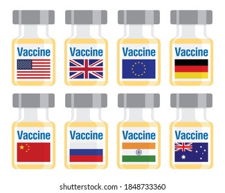 Coronavirus vaccine bottles with the USA, Great Britain, European Union, Germany, China, Russia, India, and Australia official flags. Vector illustration of vaccination capsules isolated on white.