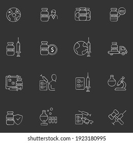 Juego de iconos de tiza de la vacuna Coronavirus. Salud, medicina mundial. Búsqueda de la cura, etapas del proceso de desarrollo de la vacuna. Vacunación contra la enfermedad de covid19. Ilustraciones vectoriales aisladas en pizarra