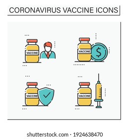 Coronavirus vaccine color icons set. Health care, worldwide medicine. Consists of price, safe vaccine, expert. Vaccination against Covid19 disease. Isolated vector illustrations 