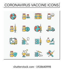 Conjunto de iconos de color de la vacuna Coronavirus. Salud, medicina mundial. Búsqueda de la cura, etapas del proceso de desarrollo de la vacuna. Vacunación contra la enfermedad de Covid19. Ilustraciones vectoriales aisladas 