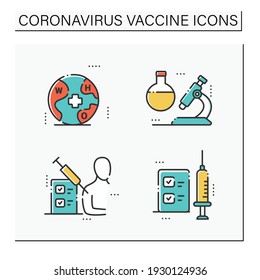 Coronavirus vaccine color icons set. Health care. Consists of corona vaccine, clinical trials, tests. Vaccination Covid19 disease. Isolated vector illustrations 
