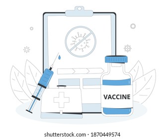 Coronavirus vaccine complete development. Corona virus injection syringe. Research of treatment and prevention medicine. Vector line art  flat illustration.