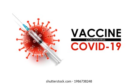 Konzept des Coronavirus-Impfstoffs, Covid-19-Koronavirus-Impfung mit Impfstoffspritze und Typografie. für die Behandlung und Vorbeugung von Kokosnuss19, Vektorgrafik