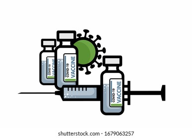 Coronavirus vaccine concept. Global vaccination as a method of combating the COVID-19 pandemic. Syringe with a cure for the virus against a background of viral RNA. Stop coronovirus. 