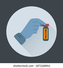 Coronavirus Vaccine concept in hand of doctor or scientist. Development and creation of a coronavirus vaccine COVID-19 .  Vaccine Concept of fight against  coronavirus. Vector icon, color pictogram.