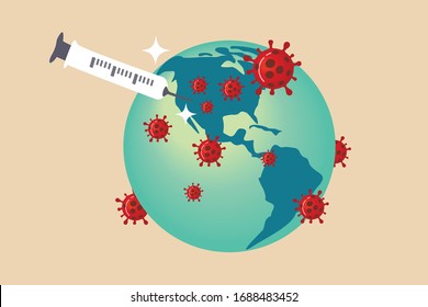 Coronavirus vaccine concept, syringe of vaccine and needle planting on USA United States map on green sickness planet earth with red Coronavirus COVID-19 pathogen around. 