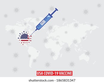 Coronavirus vaccine concept, syringe of vaccine and needle planting on USA