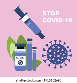 Coronavirus vaccine concept. Vaccine syringe and coronavirus sign. Trendy vector illustration