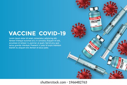 Coronavirus vaccine. Covid-19 corona virus vaccination with vaccine bottle and syringe injection tool for covid19 immunization treatment. Vector illustration background.
