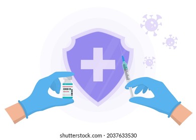 Coronavirus vaccine COVID-19. Hands in gloves of doctor hold an ampoule, syringe. Vaccination against coronavirus, virus, flu. Treatment, Process of immunization. Syringe and vaccine vial in a hands