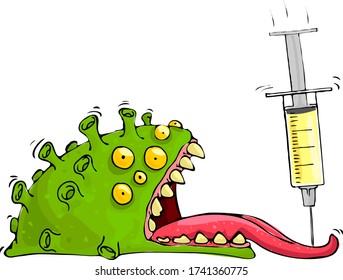 Coronavirus vaccine.  Covid-19 vaccine. A syringe with a vaccine stuck in a coronovirus. Digital drawing of an evil green virus, dangerous coronavirus, cartoon virus with angry emotions of green color