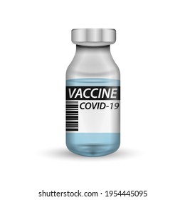 Coronavirus vaccine (Covid-19).  Transparent glass medical vial. Vector illustration. Eps 10.