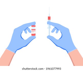 Coronavirus vaccine COVID-19. Vaccine and vaccination against virus, flu. Hands in blue gloves of doctor, nurse, scientist hold an ampoule and syringe. Horizontal banner with copy space. Vector.