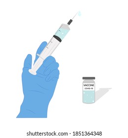 Coronavirus vaccine. Covid-19 vaccination with vaccine bottle and syringe injection tool. Vector illustration isolated on white background.