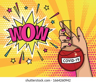 
Coronavirus vaccine (COVID-19). Vector illustration Idea for coronavirus outbreak and prevention. Pop art background with the inscription WOW, explosion and a female hand holding a flask.