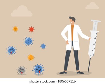 Coronavirus vaccine to cure COVID-19 illness concept, doctor with smile face successfully discovered COVID-19 vaccine injection syringe with power to kill all Coronavirus pathogens.
