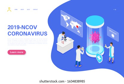 Coronavirus Vaccine Development 2019-nCoV concept banner. Coronavirus outbreak in China and spread around the world. Pandemic threat. Vector isometric illustration.